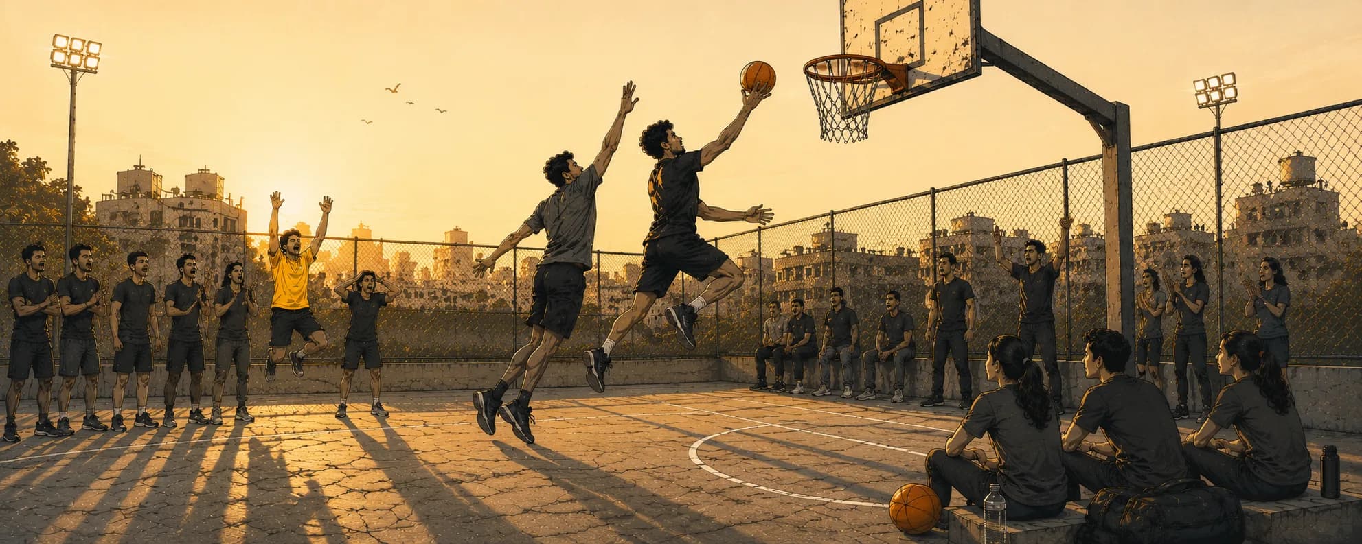 A basketball court with a ball in play.