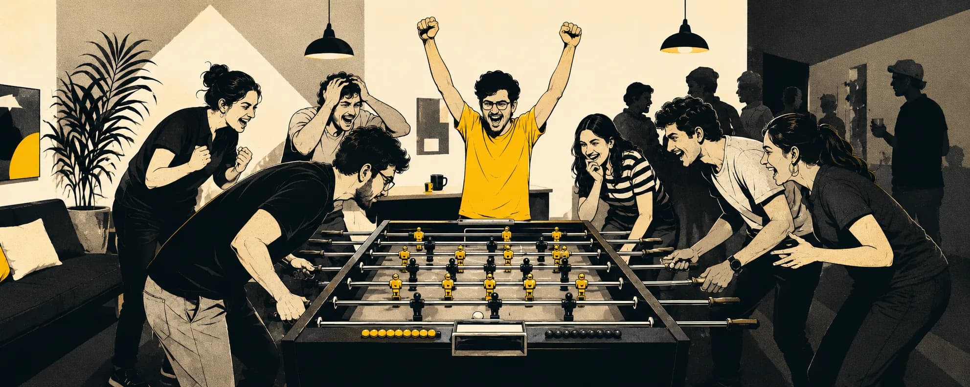 A foosball table with a ball in play.