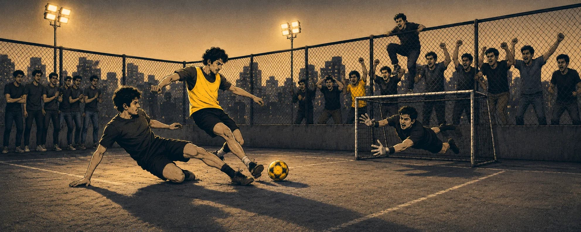 A small-sided football pitch with a ball in play.
