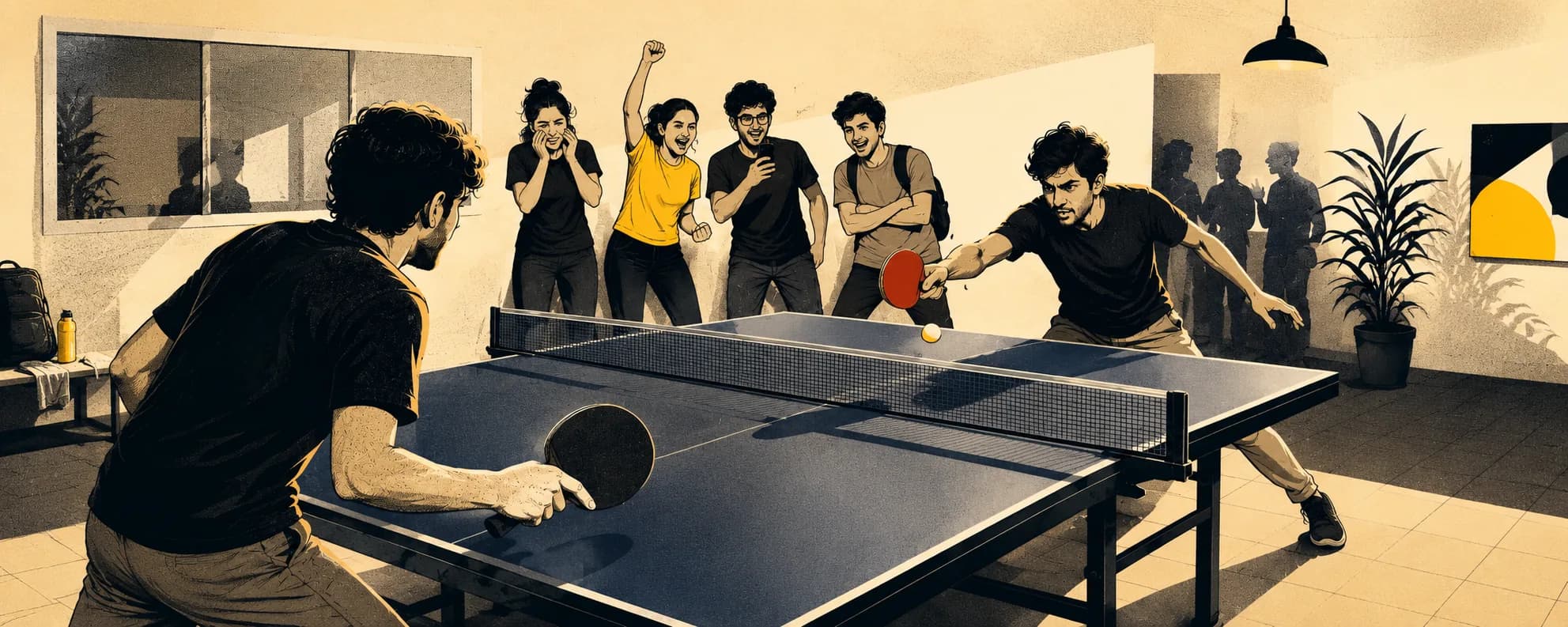 A table tennis table with a ball in play.